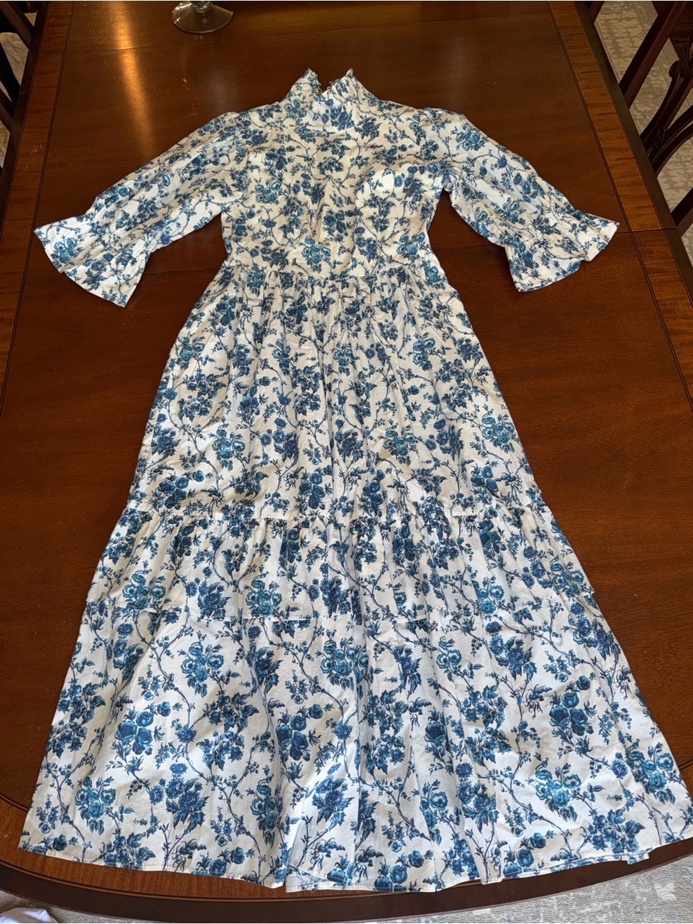 Blue Floral Maxi Dress with Mock Neck and Ruffled Sleeves